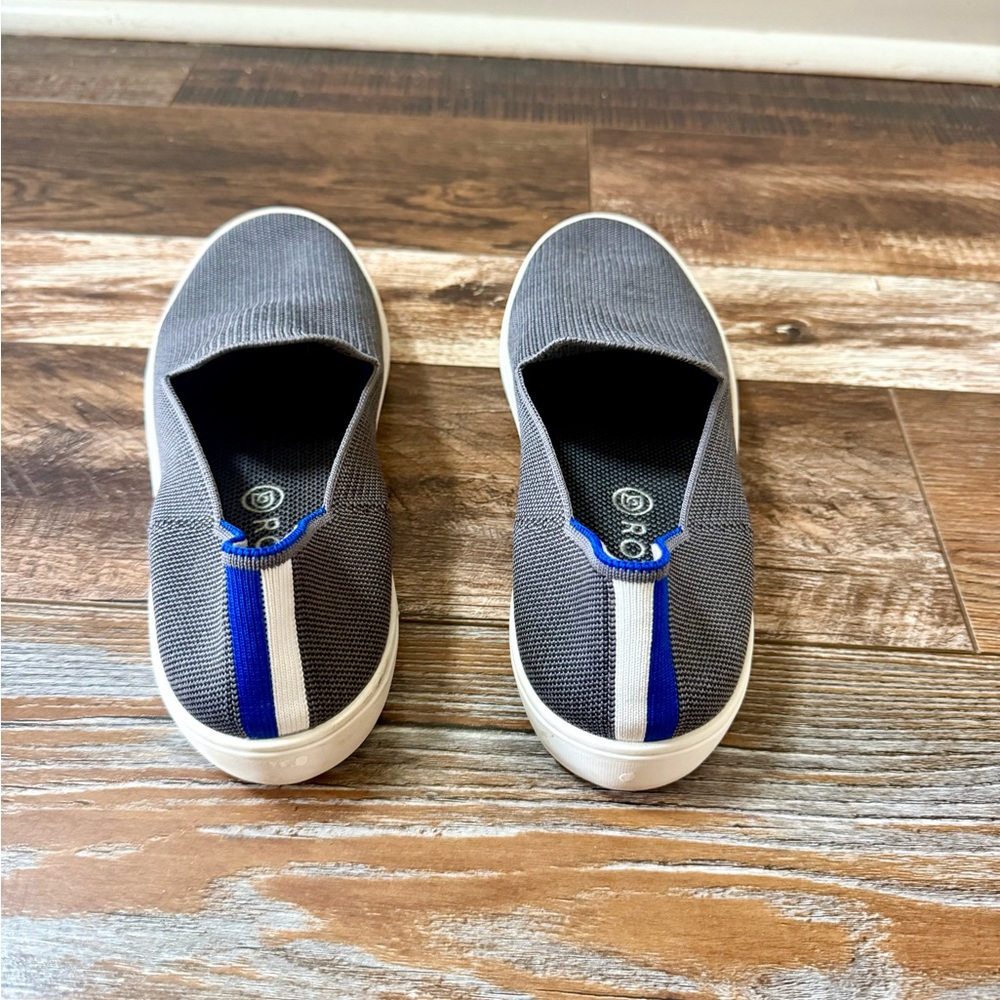 Rothy's Gray Slip-On Sneakers with Blue and White Stripe
